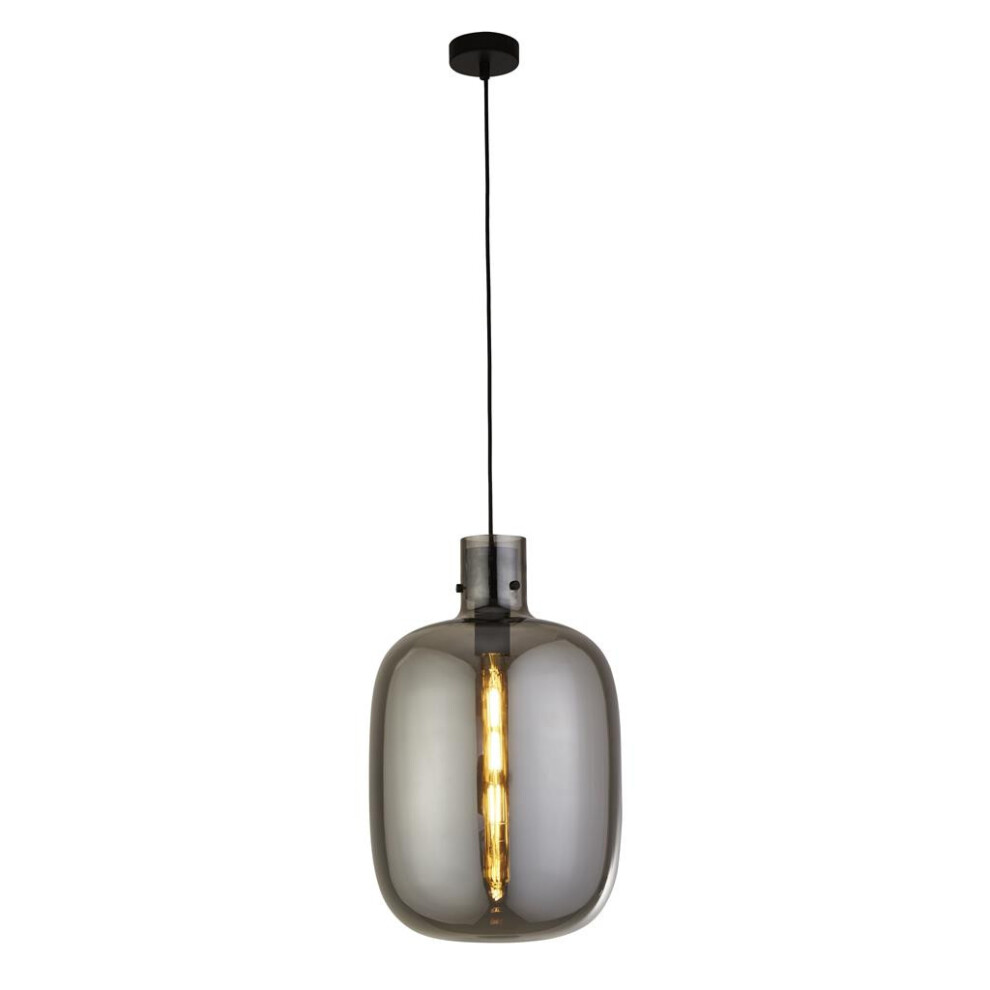 Searchlight Barrel 1 Light Pendant, Black, Smoked Glass