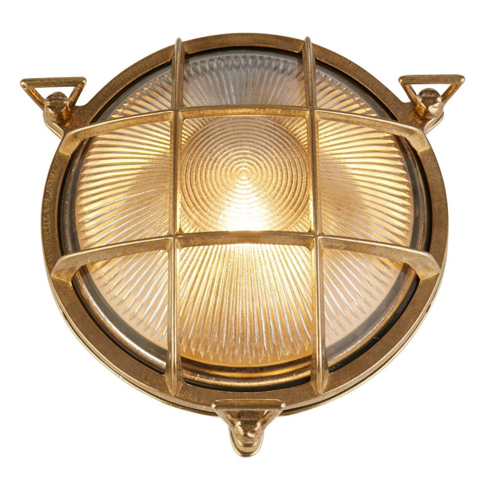 Search Bulkhead Round Outdoor Solid Brass, Ribbed Glass Light