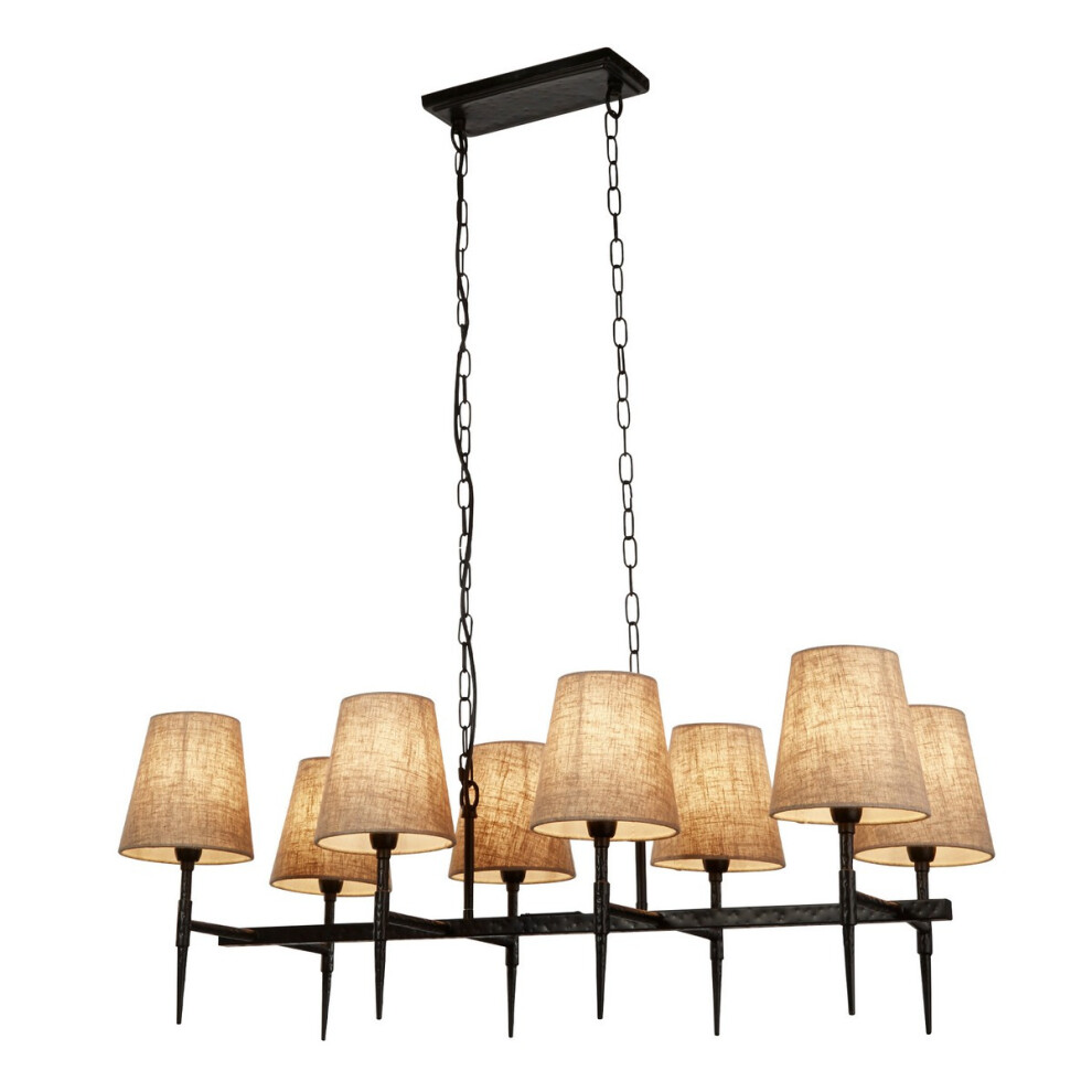 Searchlight Gothic 8 Light Bar Pendant, Hammered Black, Natural Linen