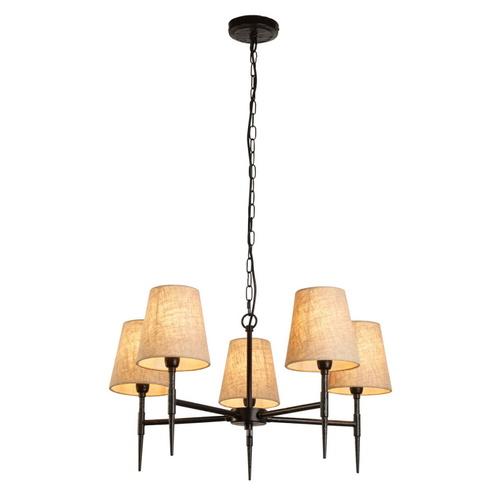 Searchlight Gothic 5 Light Pendant Hammered Black, Natural Linen