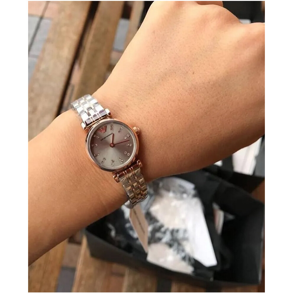 EMPORIO ARMANI WOMEN'S WATCH AR1841 ROSE GOLD SILVER STRAP BEIGE DIAL