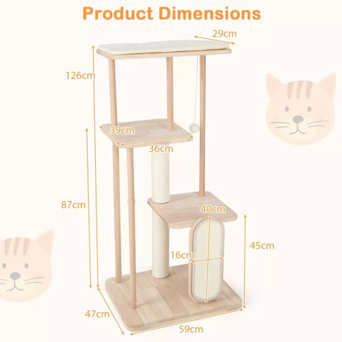 Casart 126cm Tall Solid Wood Cat Tree Home 4-Tier Cat Tower w/Beech Post 1