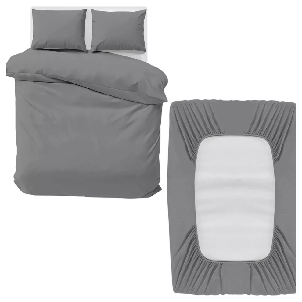 (Grey, Single) Reversible Duvet Cover Fitted Bed Sheet Pillowcase