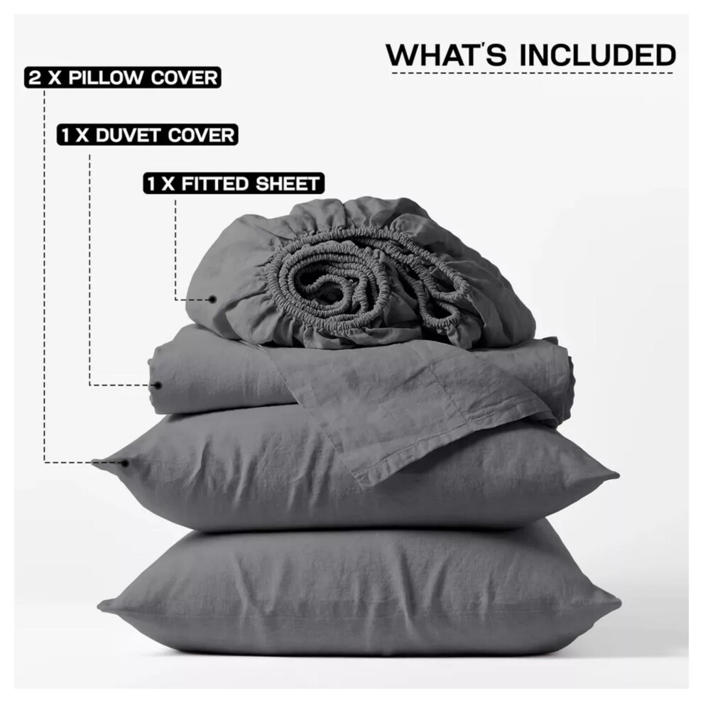 (Grey, Double) Reversible Duvet Cover Set Fitted Sheet Pillowcase