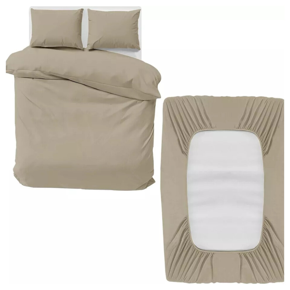 (Beige, Single) Reversible Duvet Cover Fitted Bed Sheet Pillowcase