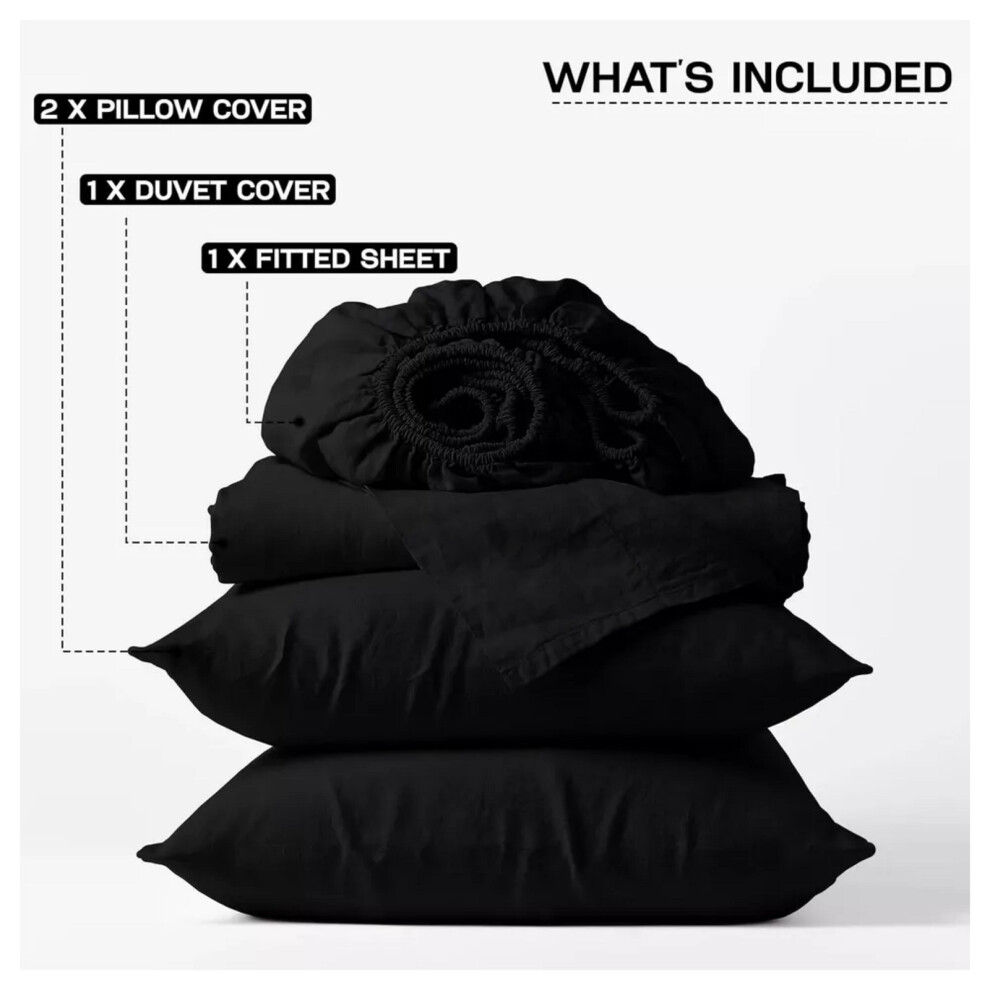 (Black, King) Reversible Duvet Cover Fitted Bed Sheet Pillowcase