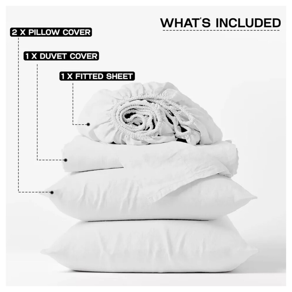 (White, Double) Reversible Duvet Cover Fitted Bed Sheet Pillowcase