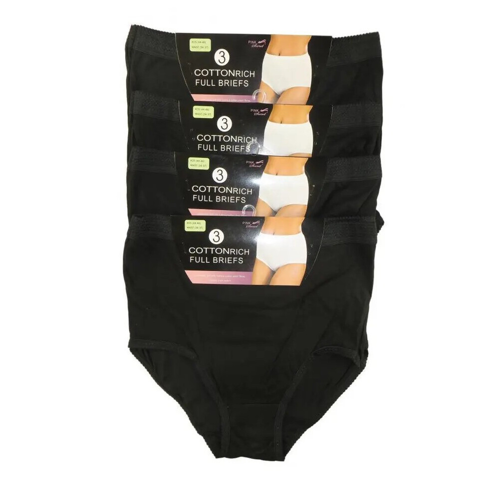 (Black, OS 14-16) 6 Pack Ladies Briefs, 100% Cotton Maxi Full Comfort Fit Underwear