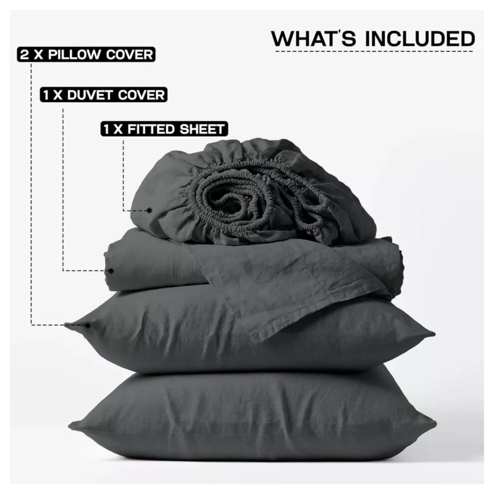 (Charcoal, Double) Reversible Duvet Cover Fitted Bed Sheet Pillowcase