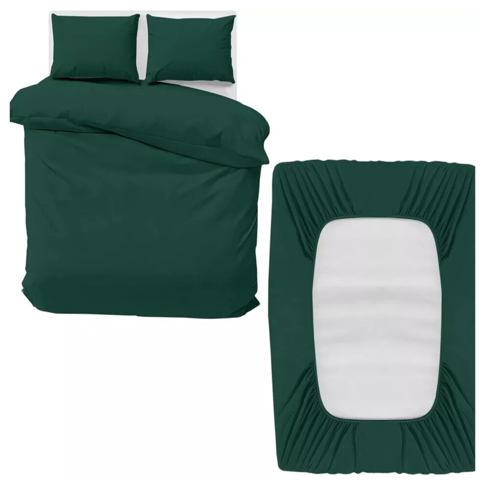 (Green Emerald, Single) Reversible Duvet Cover Fitted Bed Sheet Pillowcase