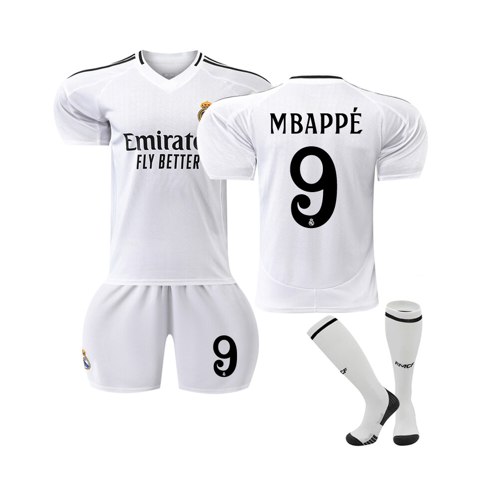 (Adults XL(180-190)) 2024-25 Real Madrid Home Football Jersey Set #9 Mbappe