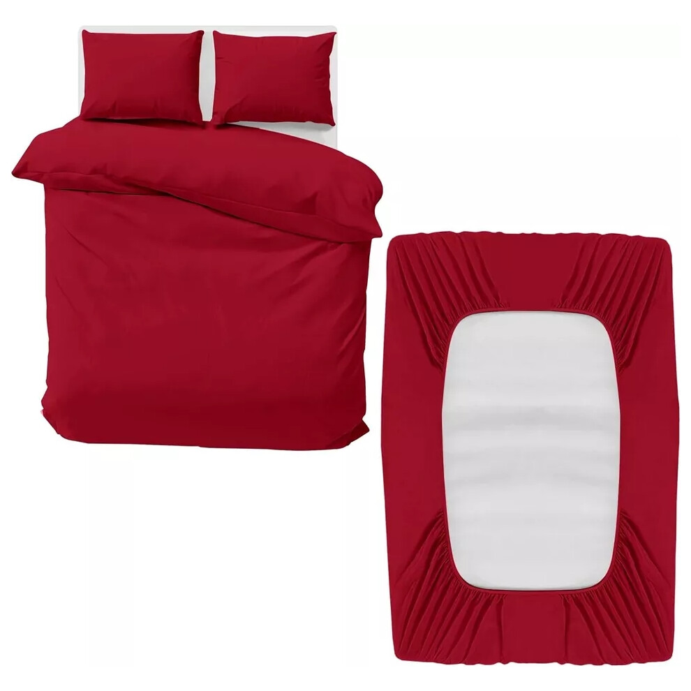 (Burgundy Red, Double) Duvet Cover Set with Fitted Sheet & Pillowcases