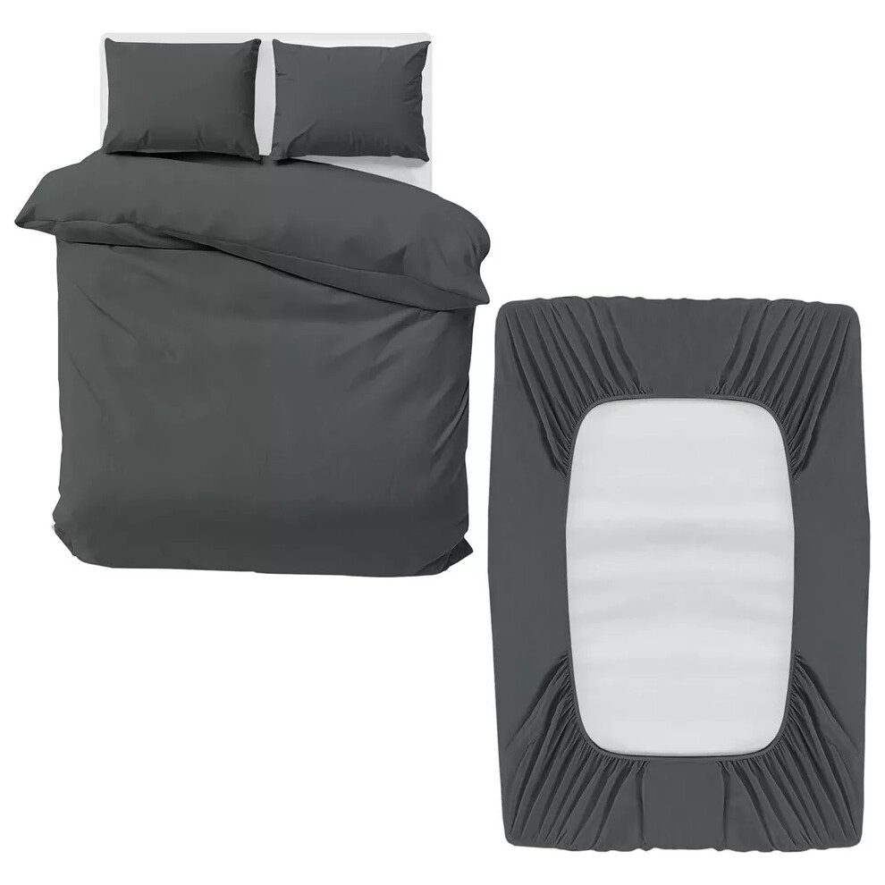 (Charcoal, Double) Duvet Cover Set with Fitted Sheet & Pillowcases