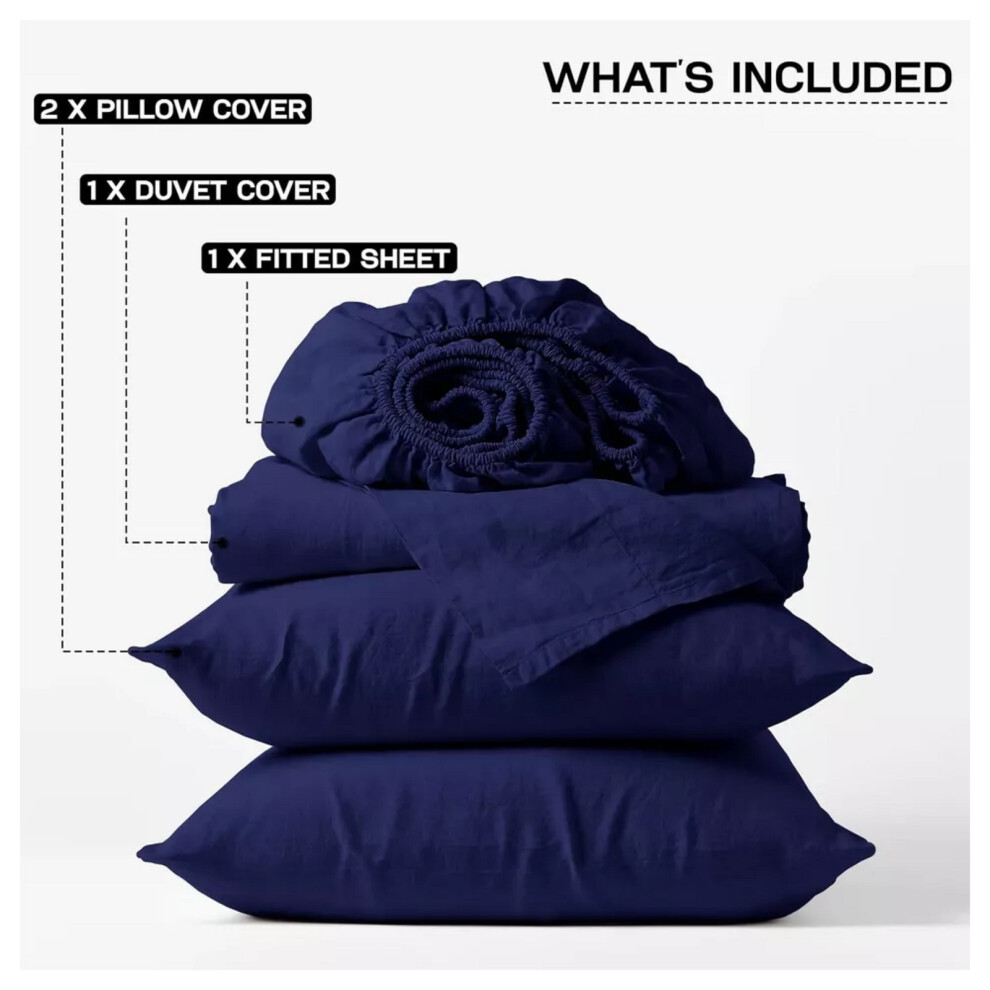 (Navy Blue, Double) Reversible Duvet Cover Fitted Bed Sheet Pillowcase