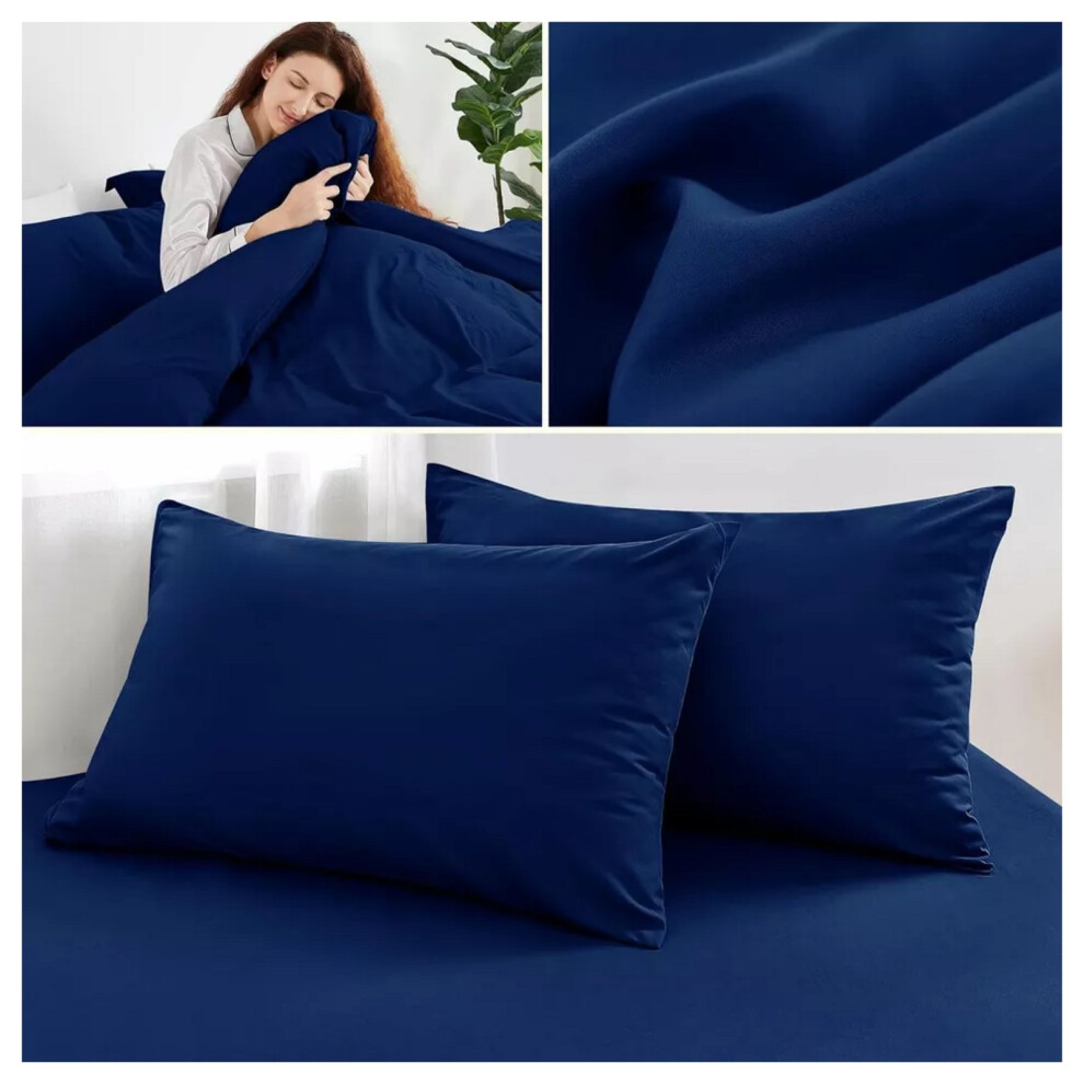 (Navy Blue, Super King) Reversible Duvet Cover Fitted Bed Sheet Pillowcase