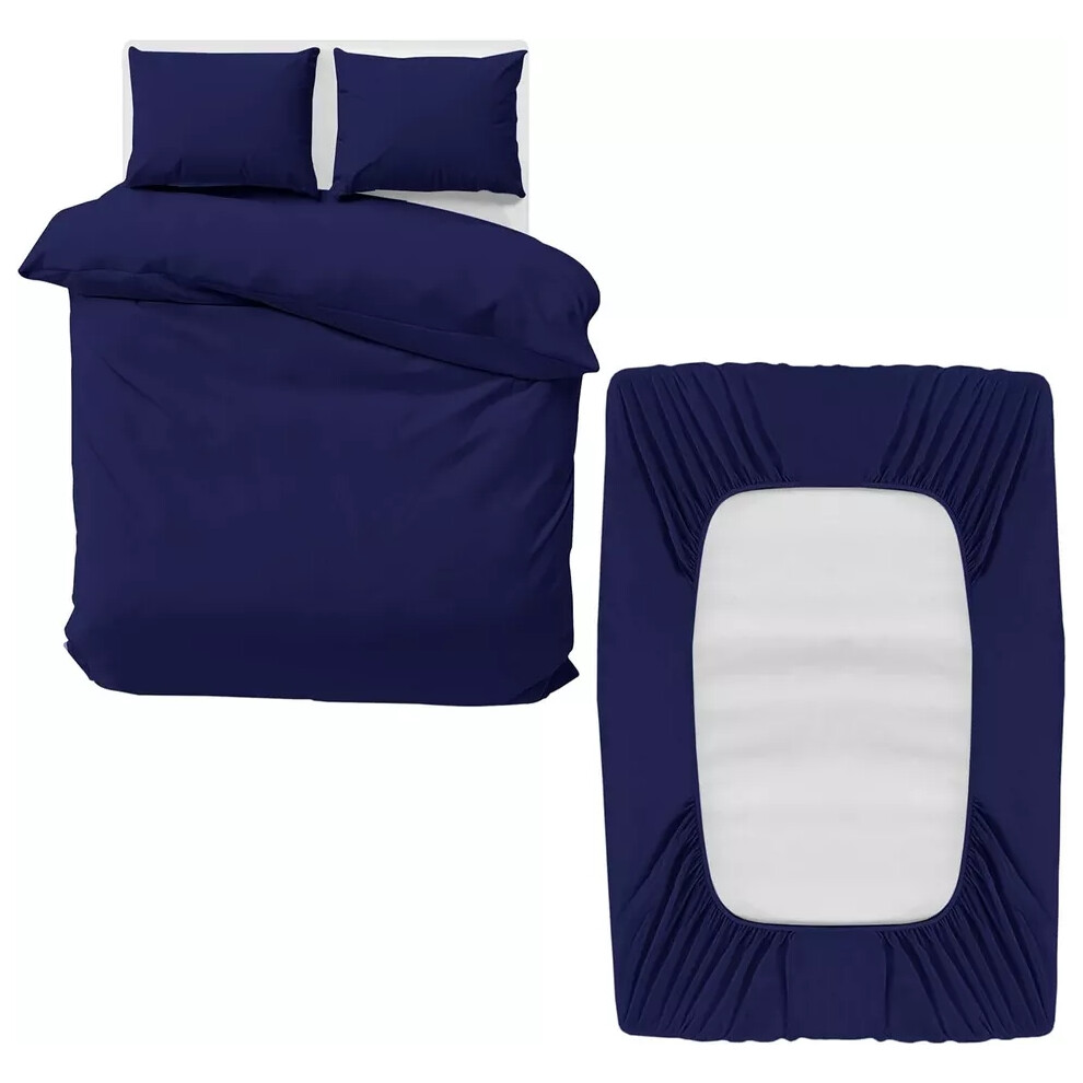 (Navy Blue, Double) Duvet Cover Set with Fitted Sheet & Pillowcases