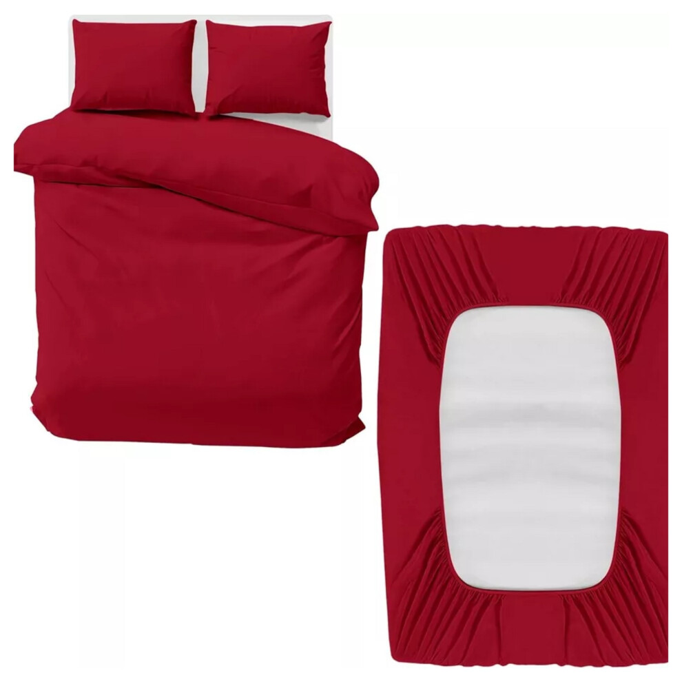 (Burgundy/Red, Single) Reversible Duvet Cover Fitted Bed Sheet Pillowcase