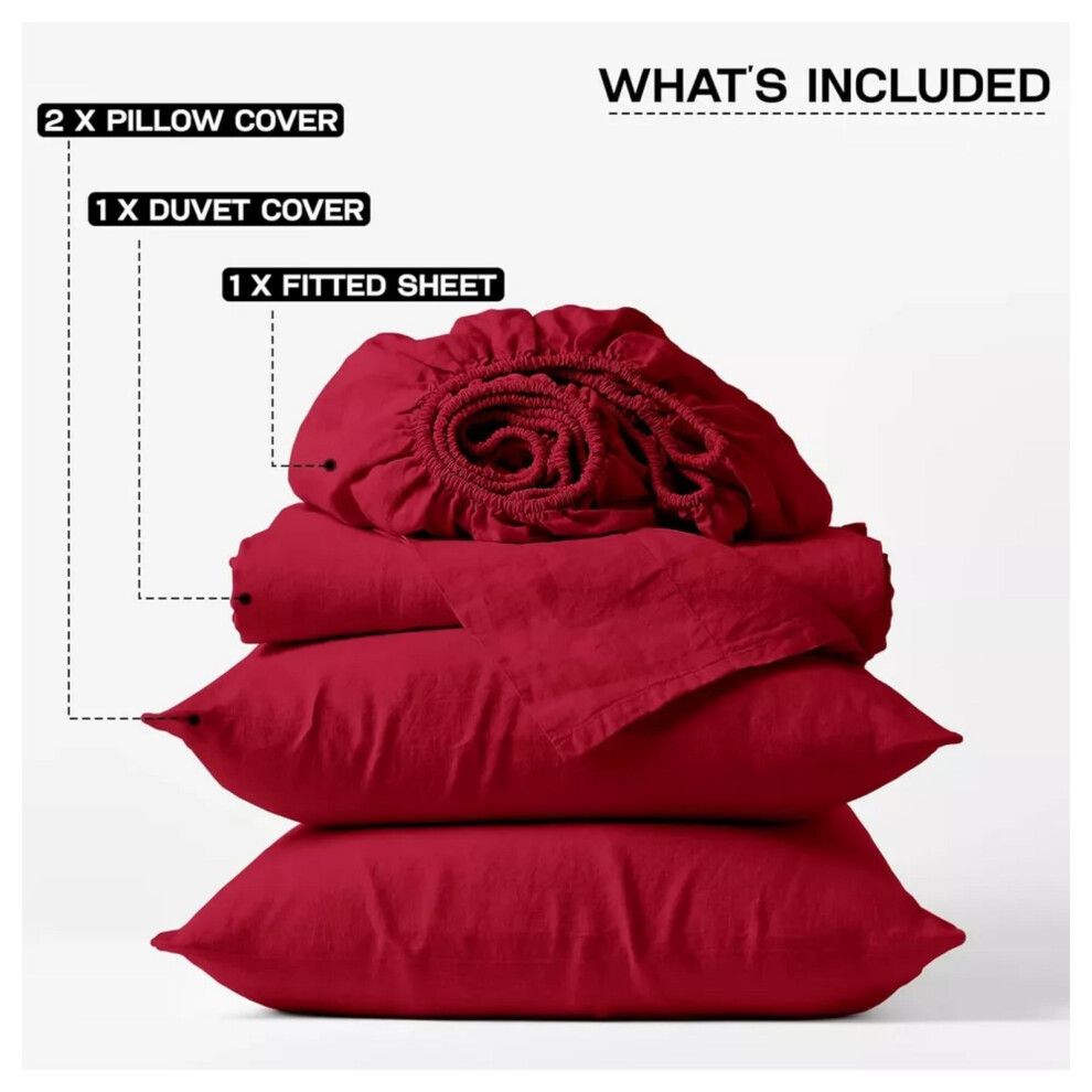 (Burgundy/Red, Double) Reversible Duvet Cover Fitted Bed Sheet Pillowcase