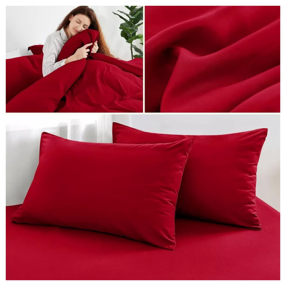 (Burgundy/Red, Super King) Reversible Duvet Cover Fitted Bed Sheet Pillowcase