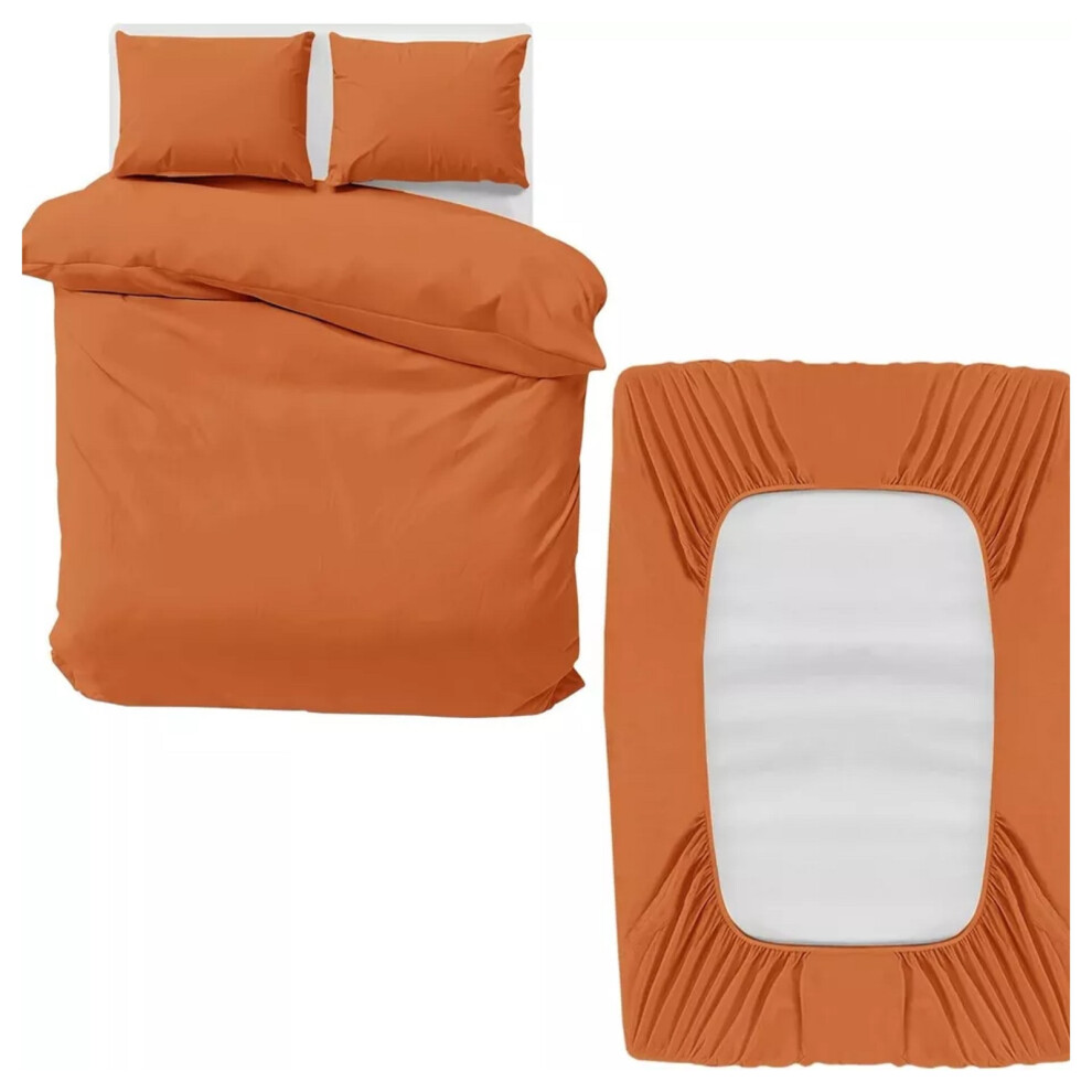 (Rust/Orange, Single) Reversible Duvet Cover Fitted Bed Sheet Pillowcase