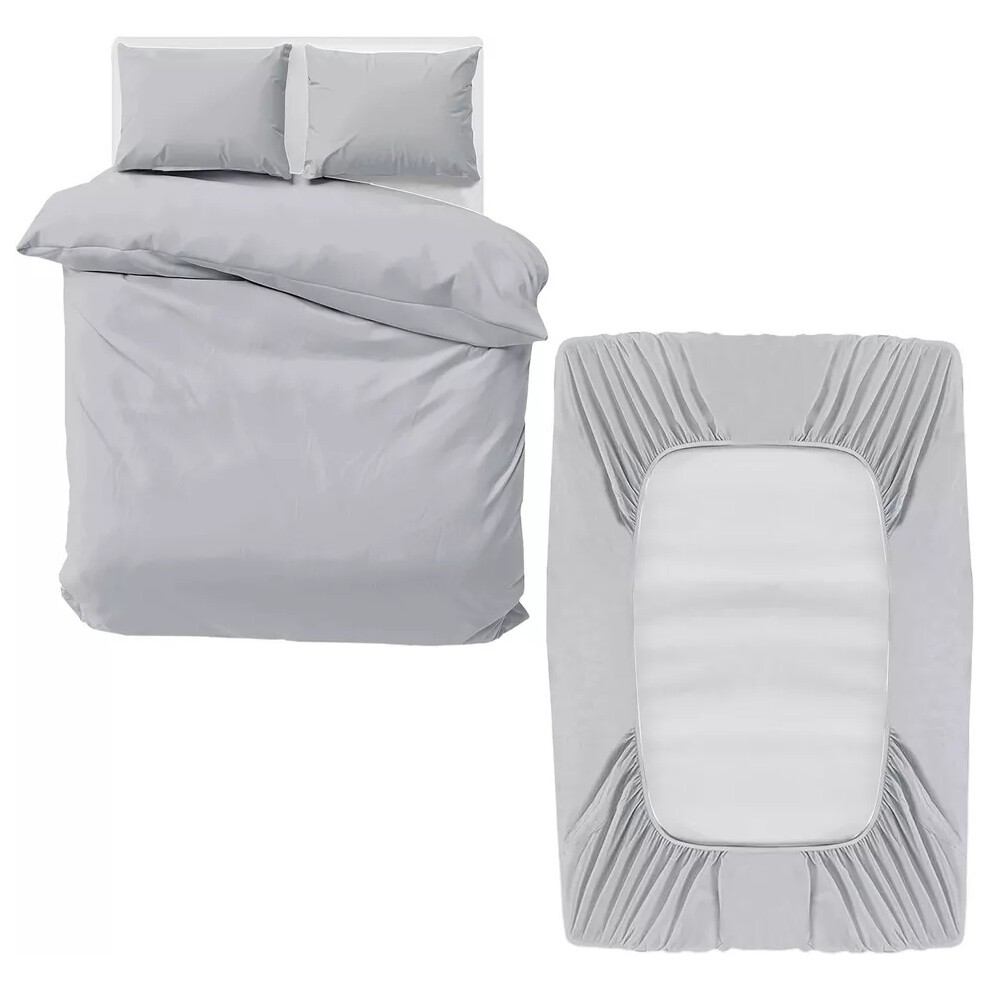 (Silver, Double) Duvet Cover Set with Fitted Sheet & Pillowcases