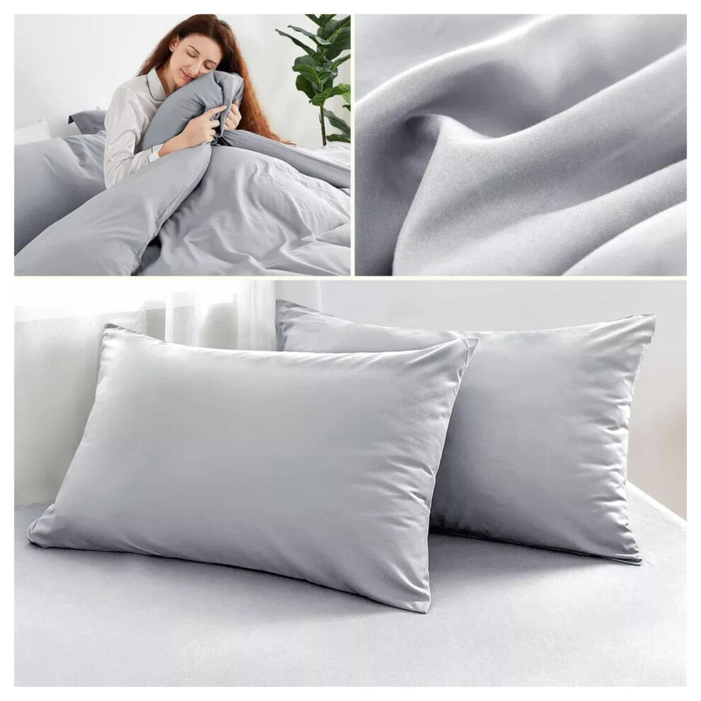 (Silver, Double) Reversible Duvet Cover Fitted Bed Sheet Pillowcase