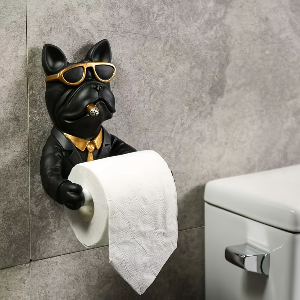 (Black) Creative Bulldog Figurine Wall-Mounted Toilet Paper Holder, Resin Alphabet Animal Statue