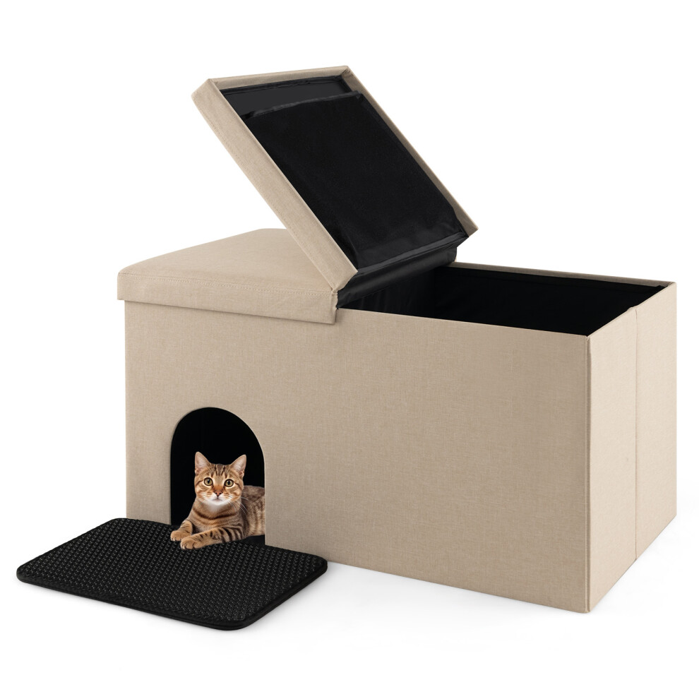 Costway Cat Litter Box Enclosure Hidden Cat Washroom Ottoman Shoe Bench