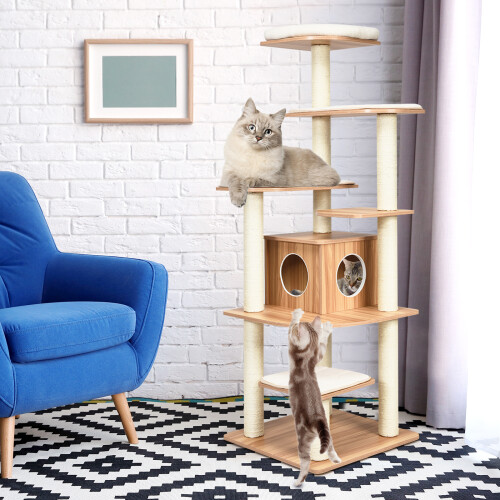 Casart Wooden Cat Tower Modern Cat Tree Tower Multi-level Cat Play Center 2