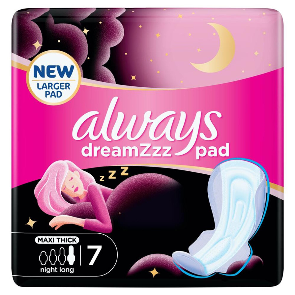 Always Dreamzz Pad Cotton Soft Maxi Thick Night Long Sanitary Pads With Wings, Leak-free Night 7 Count