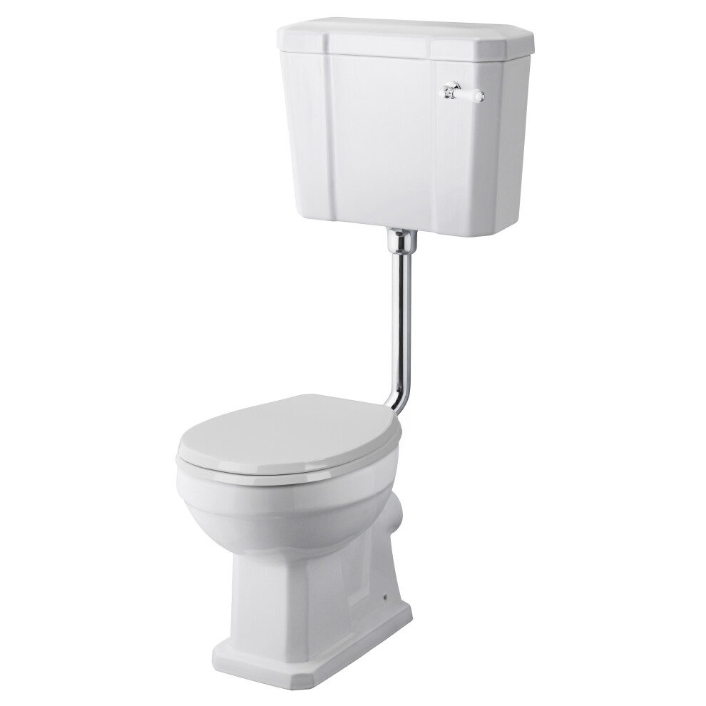 Kinston Traditional Comfort Height Toilet Pan, Low Level Cistern, Flush Pipe Kit & Soft Close Seat - White - Balterley