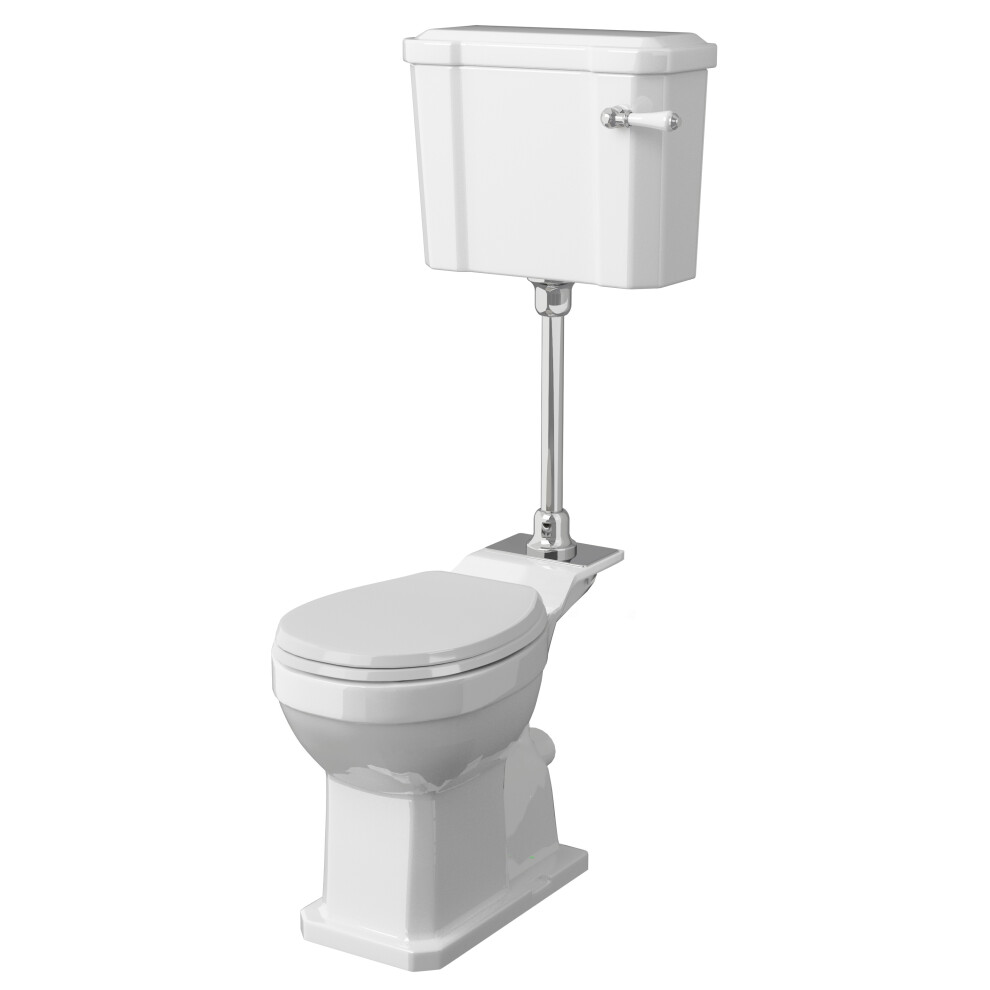 Kinston Traditional Comfort Height Toilet Pan, Mid Level Cistern, Flush Pipe Kit & Soft Close Seat - White - Balterley