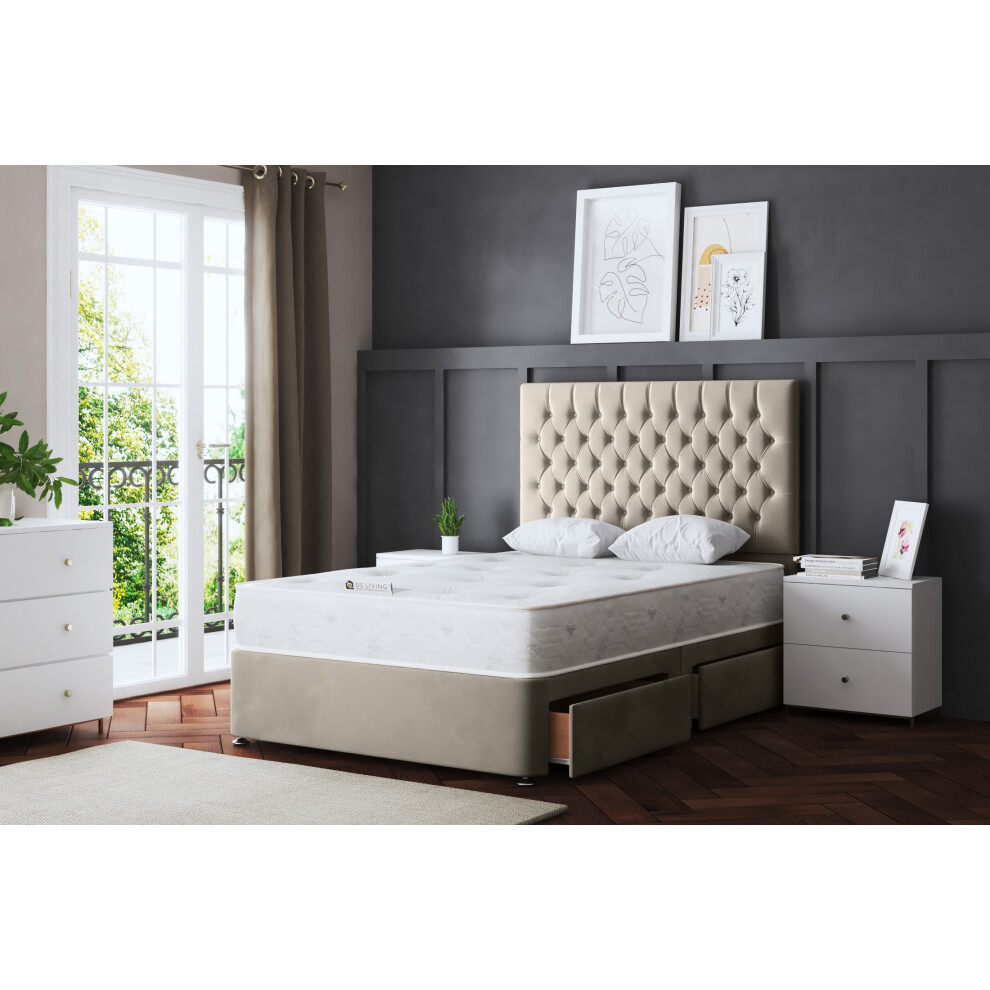 (King, Cream) Seraphine Divan Upholstered Bed with Four Drawers