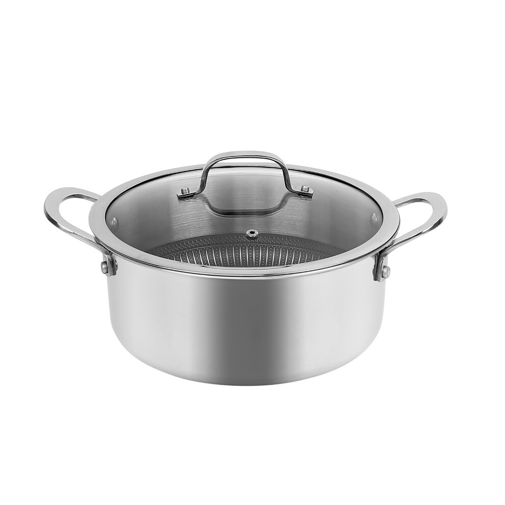 (24cm Casserole Pot) Hextec Non Stick Stainless Steel Induction Cookware Tempered Glass Lid