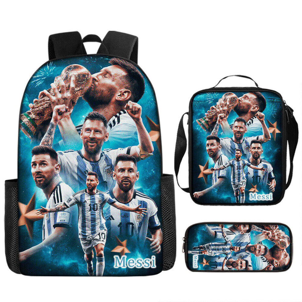 Football Star Messi Schoolbag Shoulder Backpack Student Book Kid Teenager Bag-as the picture-3 PIECES(Backpack+lunch bag+pencil bag)