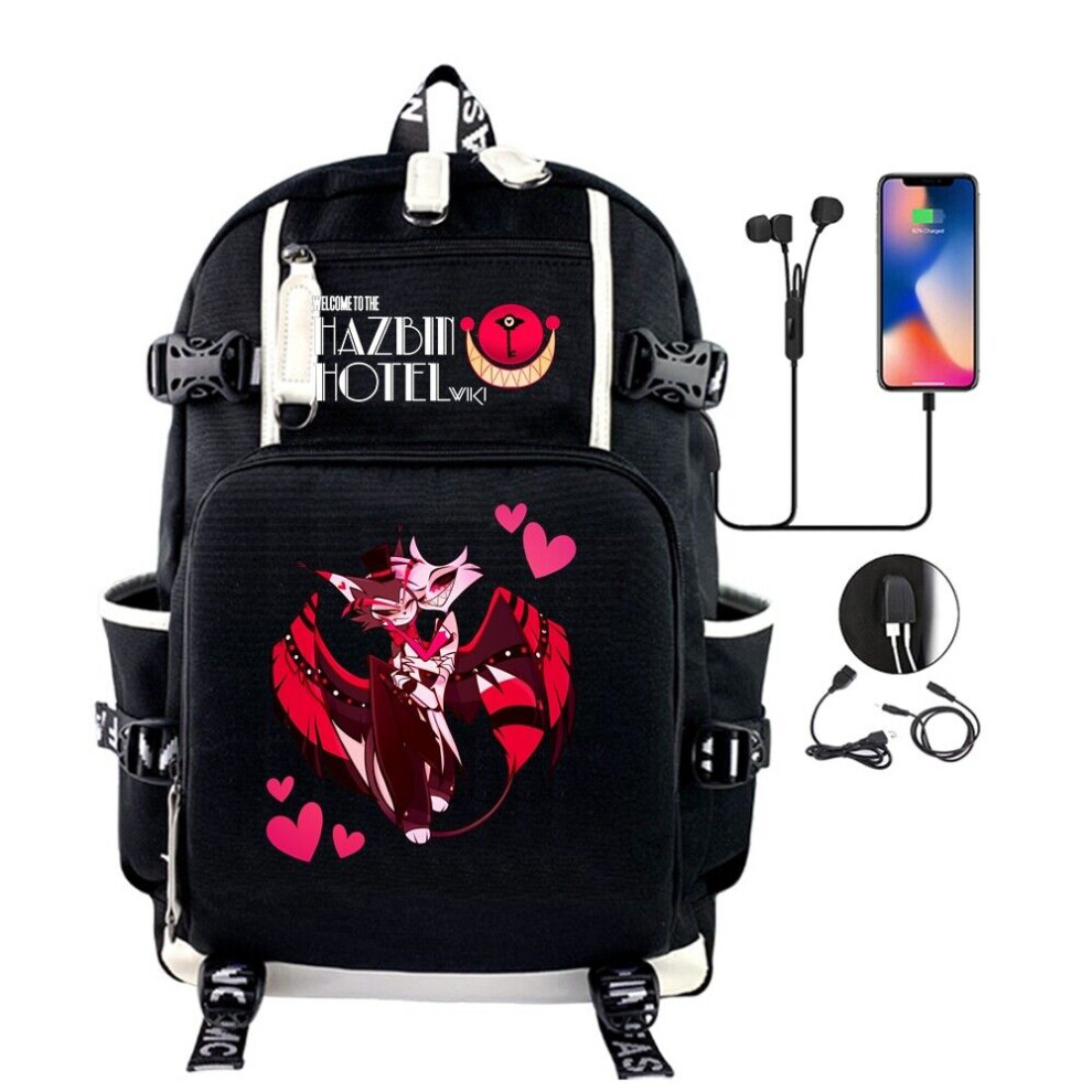 Anime Hazbin Hotel USB Backpack Students Schoolbag Causal Black Shoulder Bags-as the picture-