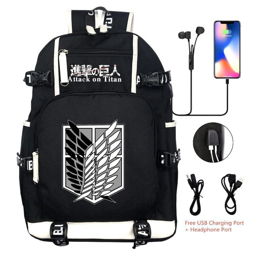 Anime Attack On Titan USB Backpack Student Schoolbags Black Fashion Shoulder Bag-as the picture-