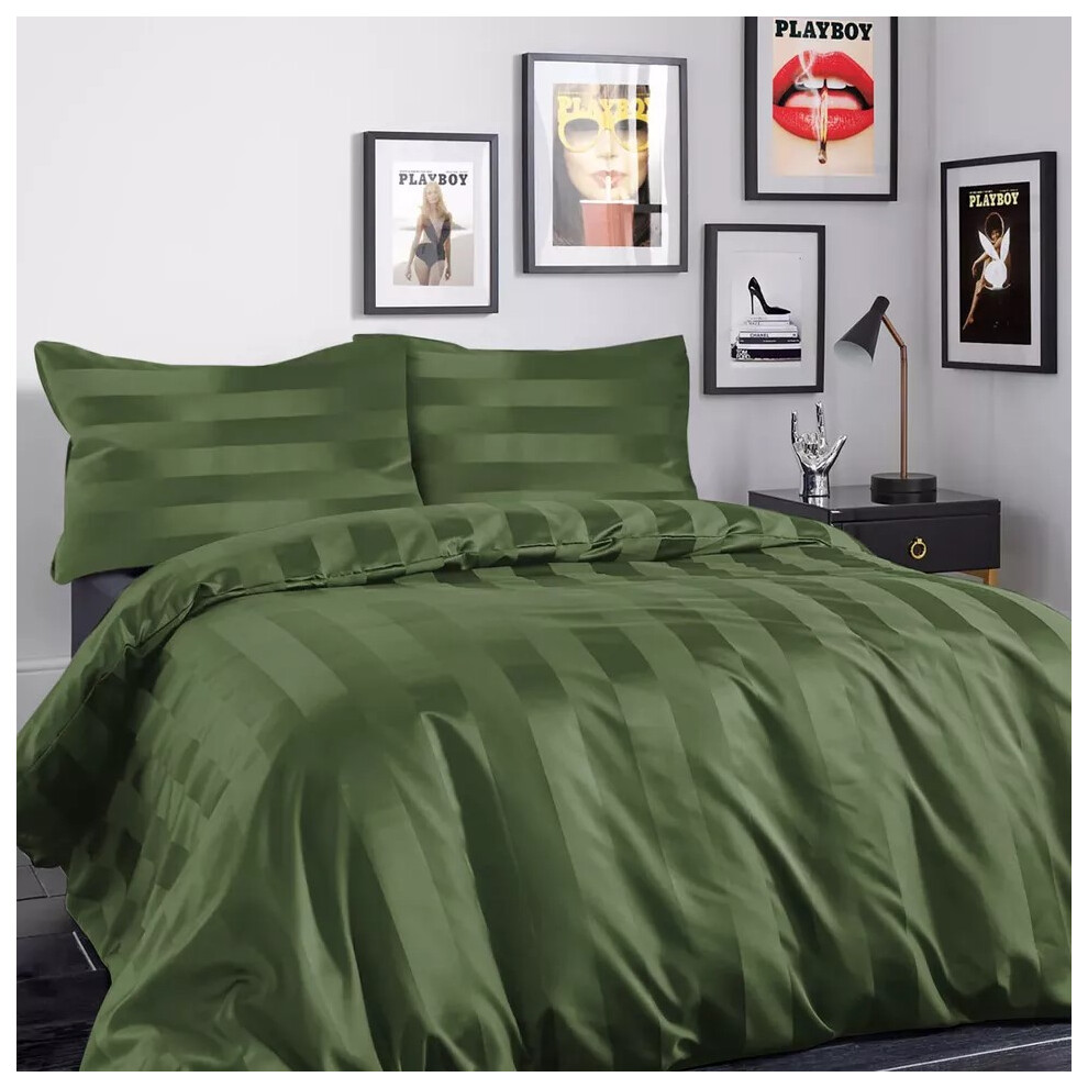Oxford Homeware (Olive King) Luxury Duvet Set Stripe Duvet Quilt Cover Bedding Set With Pillowcases Green