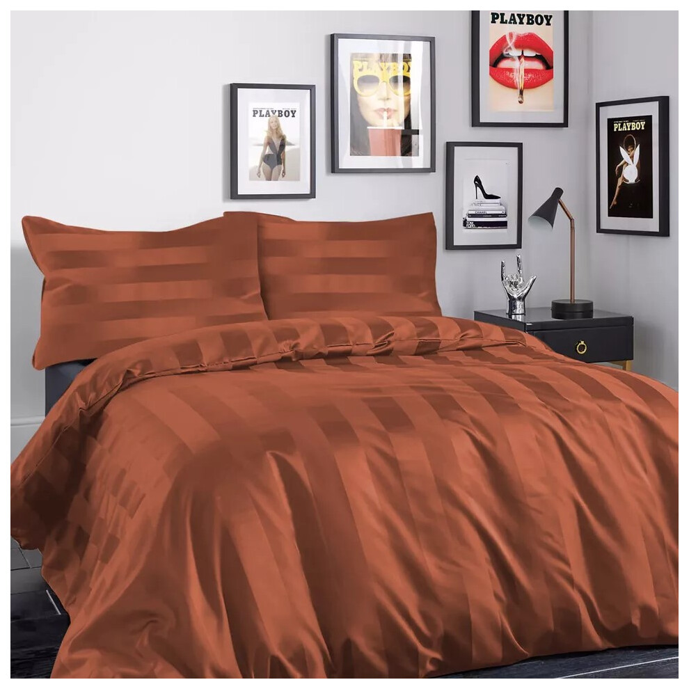 Oxford Homeware (Rust, King) Luxury Duvet Set Stripe Duvet Quilt Cover Bedding Set With Pillowcases