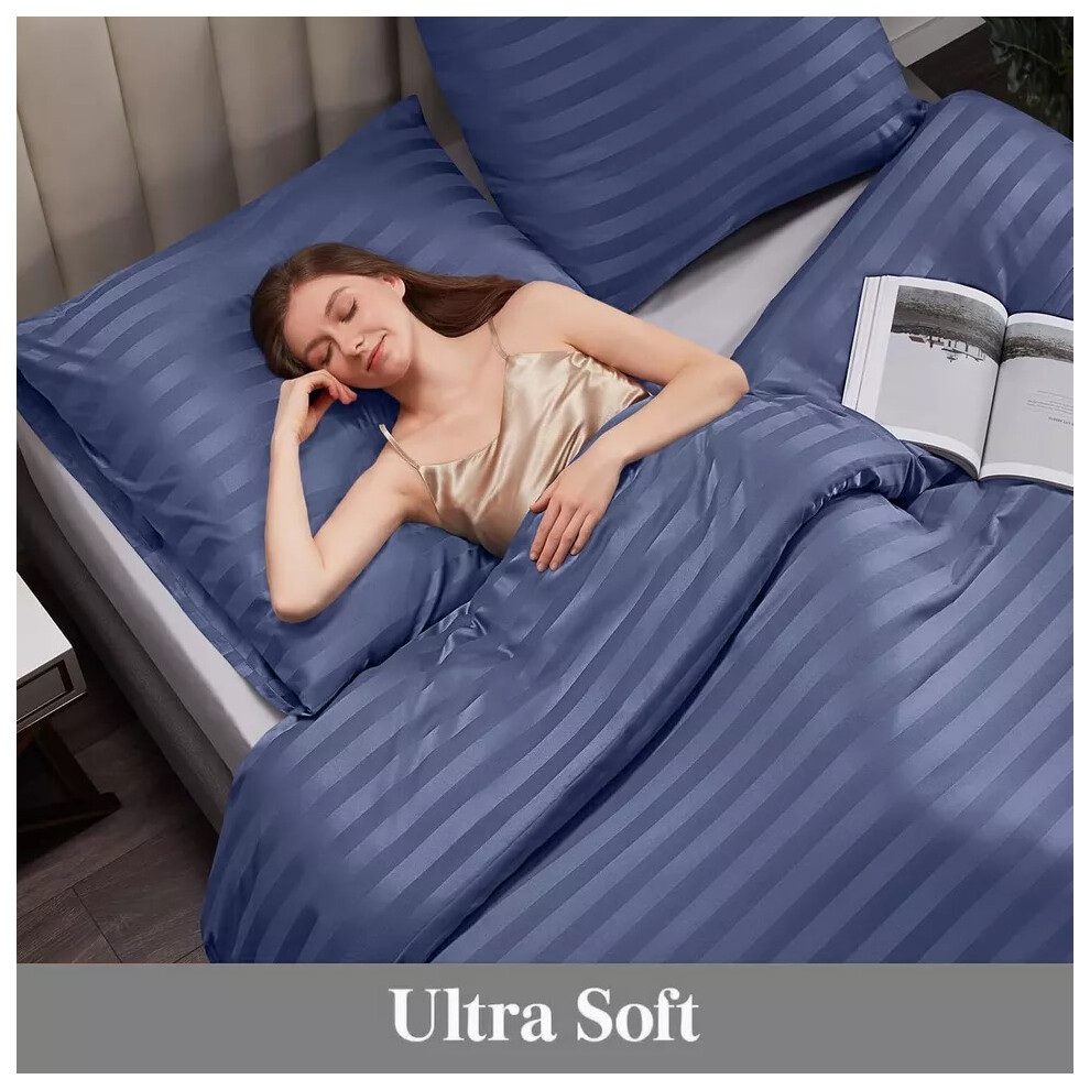 Oxford Homeware (Washed King) Luxury Duvet Set Stripe Duvet Quilt Cover Bedding Set With Pillowcases Blue