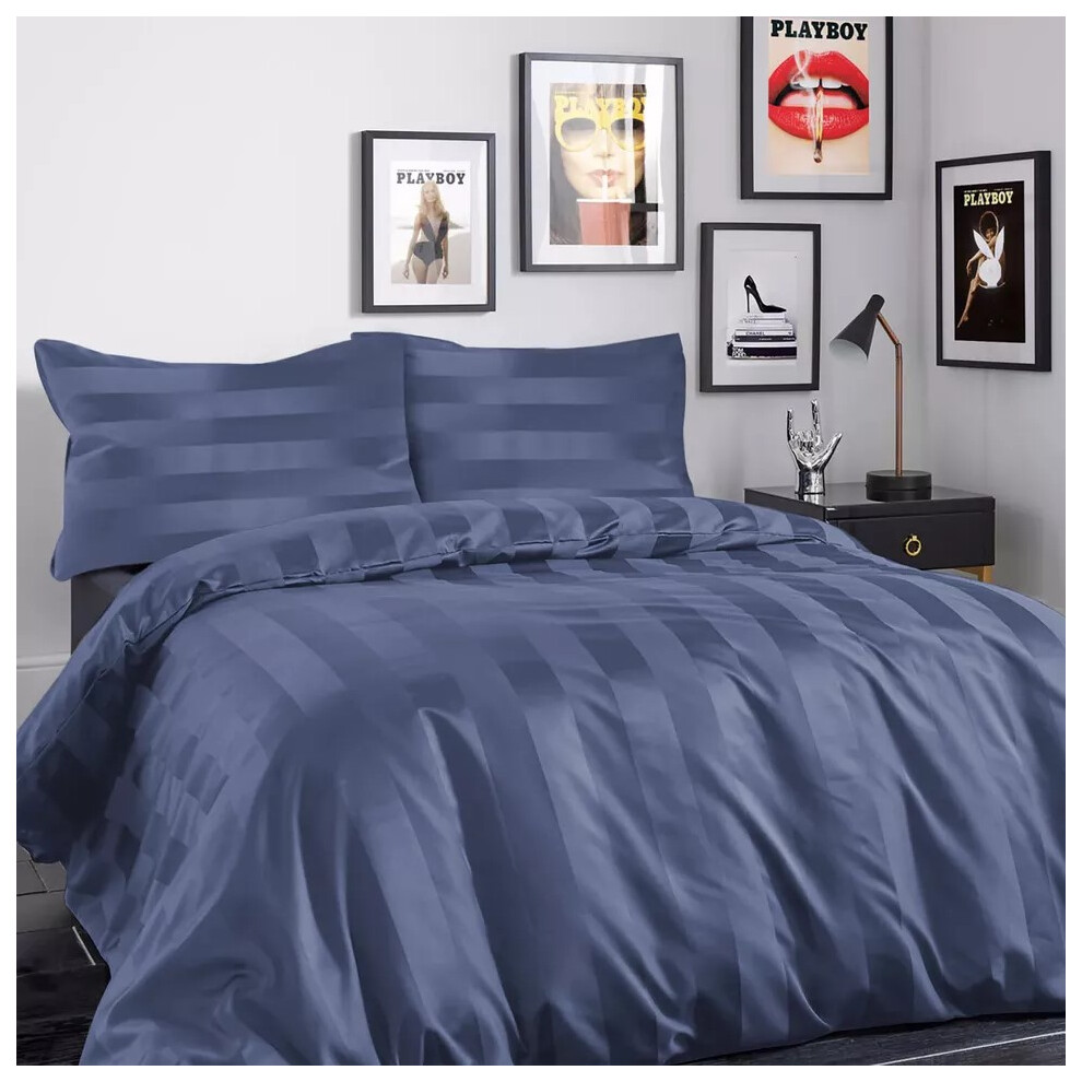 Oxford Homeware (Washed Super King) Luxury Duvet Set Stripe Duvet Quilt Cover Bedding Set With Pillowcases Blue
