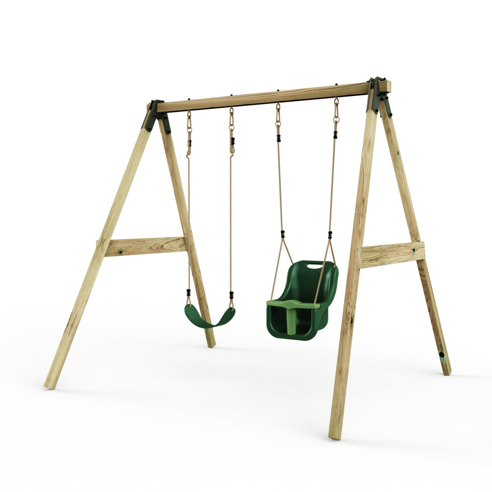 (Dark Green, Standard & Baby Seats) Rebo Glide Wooden Double Swing Set with Two Swing Seats - Tulip