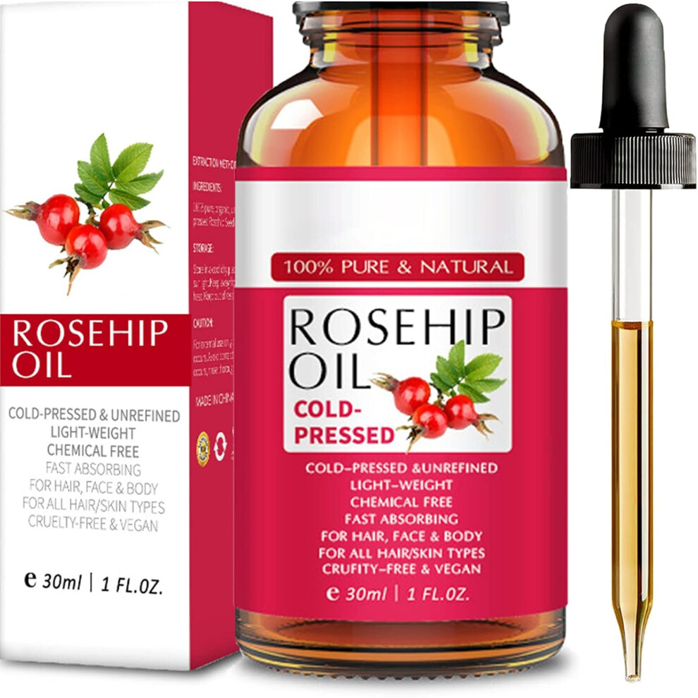 Rosehip Oil for Face, Rosehip Oil Organic for Hair, Cold Pressed&Unrefined,Anti Ageing Nourishes Reduces Fine Lines Scar