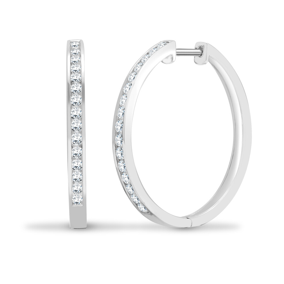 Jewelco London Solid 18ct White Gold Channel Set Round G SI1 0.9ct Diamond Eternity Huggie Hoop Earrings 27mm - 18E450