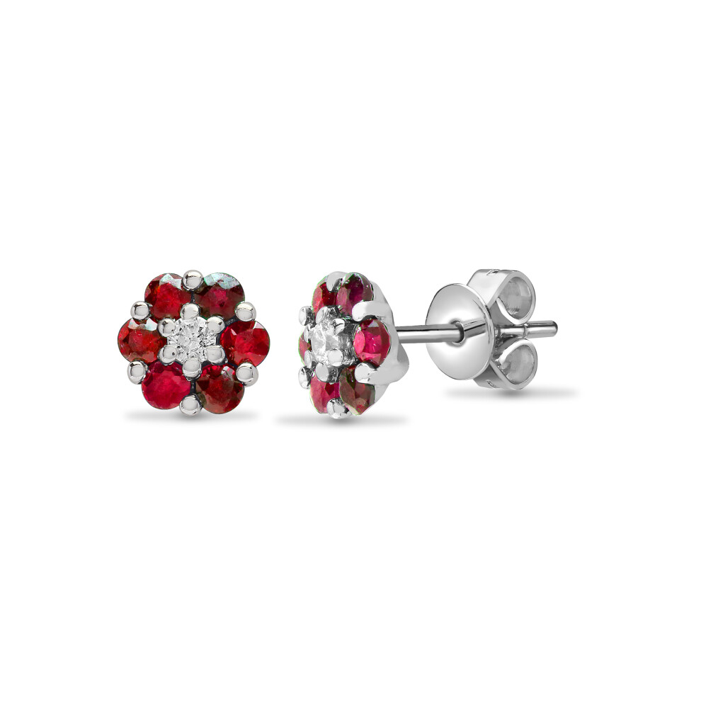 Jewelco London 18ct White Gold Cluster Set Round G SI 0.1ct Diamond and Round Red 0.6ct Ruby Daisy Cluster Stud Earrings - 18E198