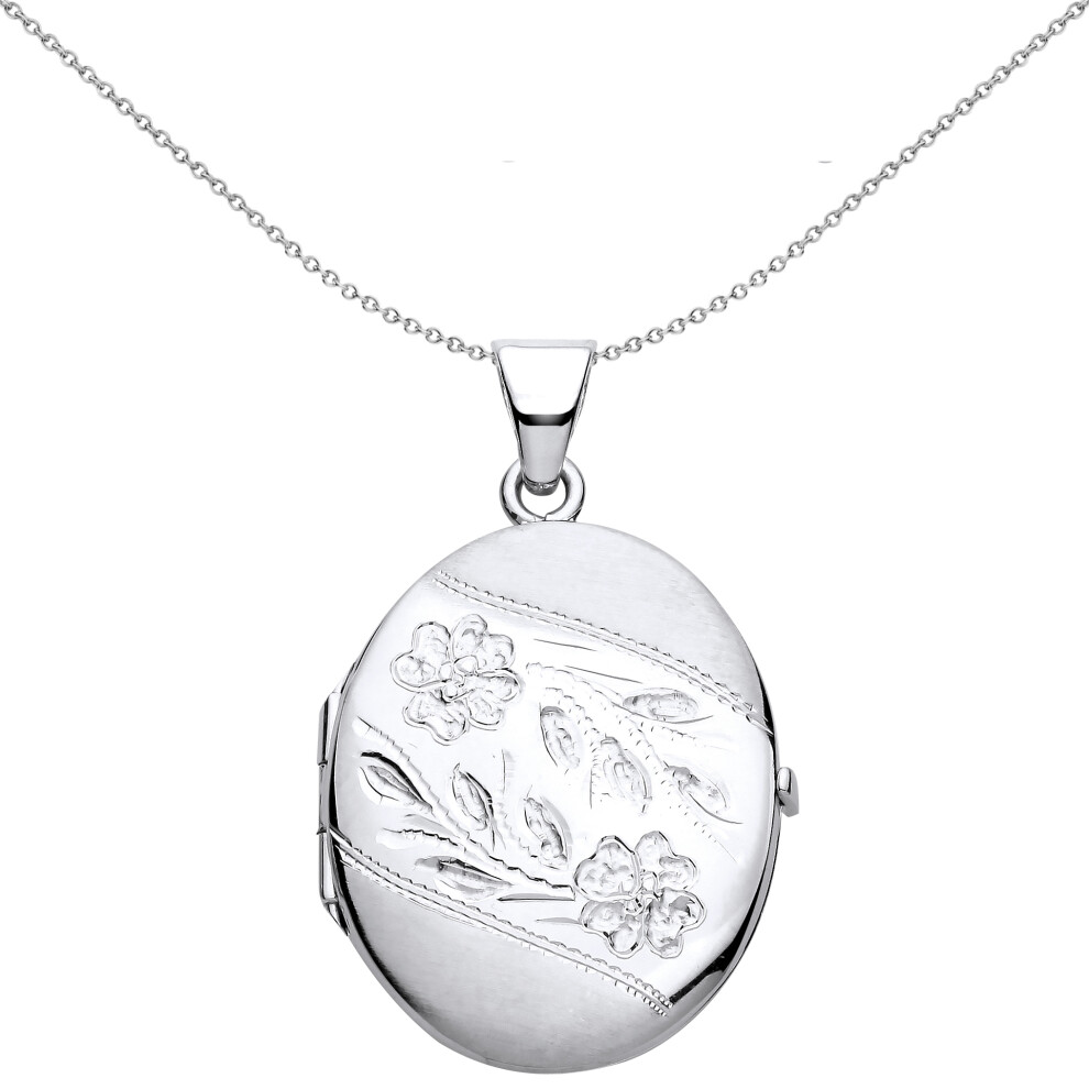 Jewelco London Ladies Rhodium Plated Sterling Silver Flower Leaves Engraved Ribbon Satin Oval Locket Pendant Necklace - LK57