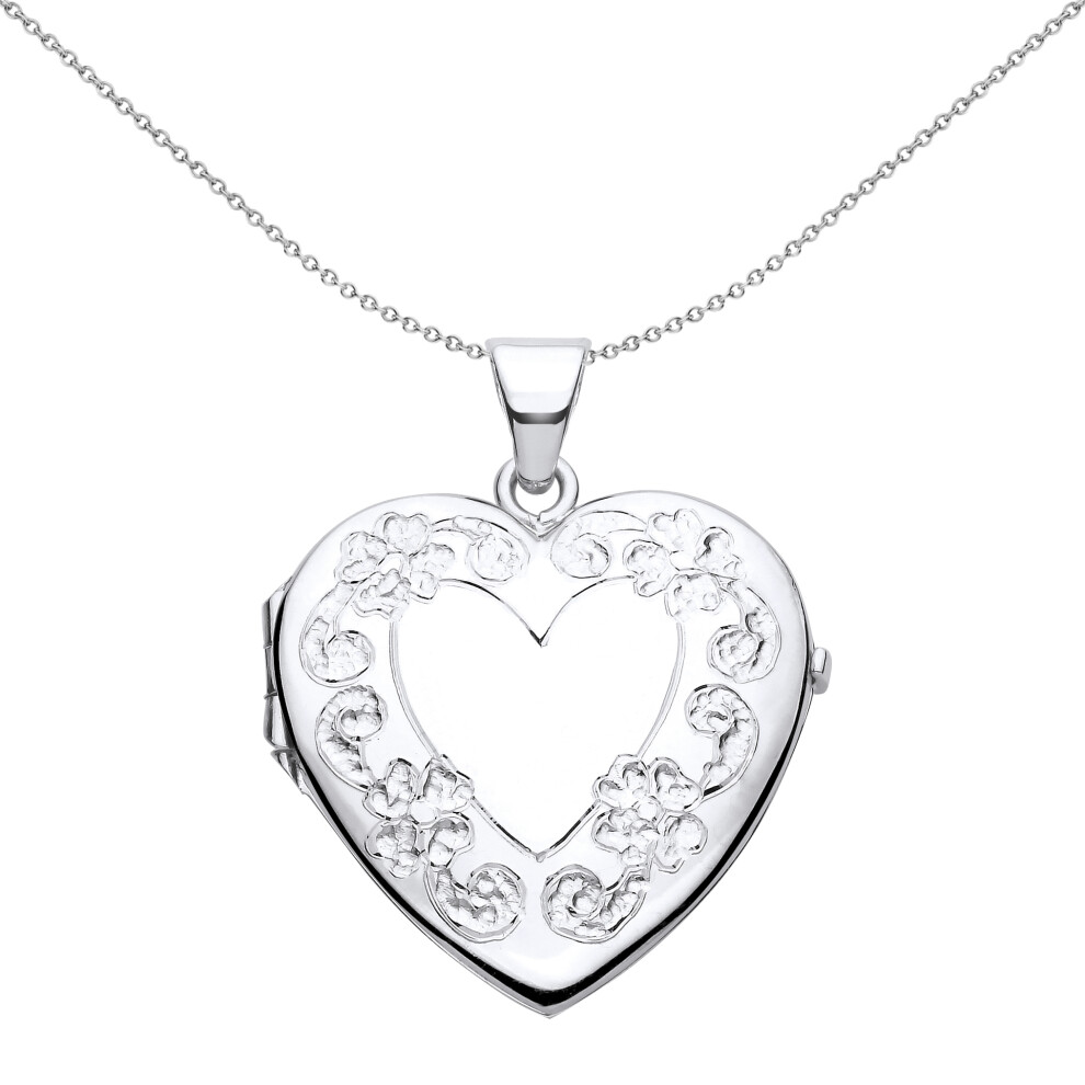 Jewelco London Ladies Rhodium Plated Sterling Silver Flower Leaves Engraved Love Heart Locket Pendant Necklace - LK62