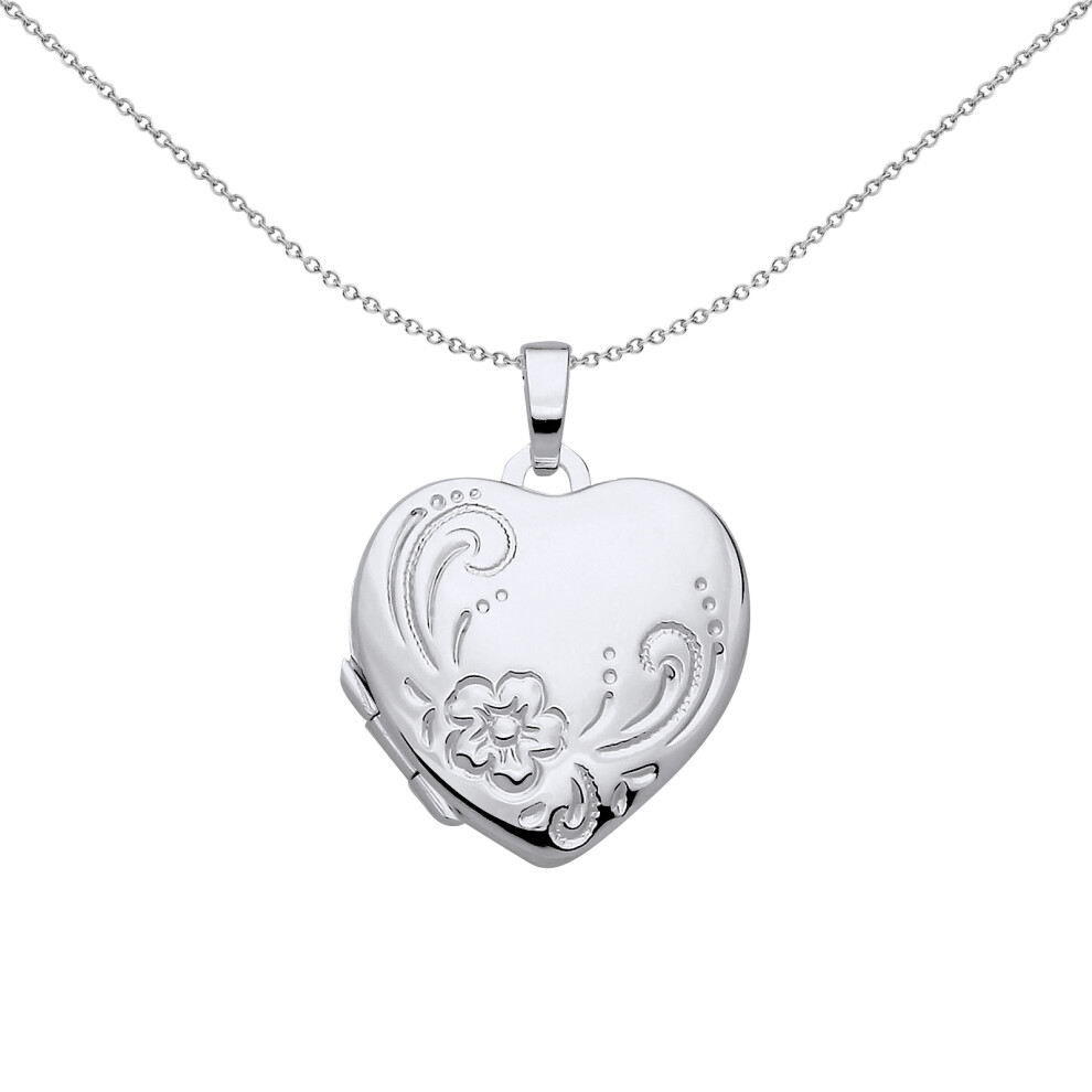 Jewelco London Ladies Rhodium Plated Sterling Silver Flower Leaves Engraved Love Heart Locket Pendant Necklace - LK70