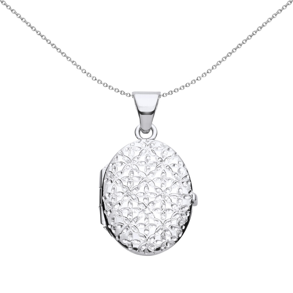 Jewelco London Ladies Sterling Silver Engraved Double Helix Butterfly Quilt Oval Locket Pendant Necklace 18 inch - LK64