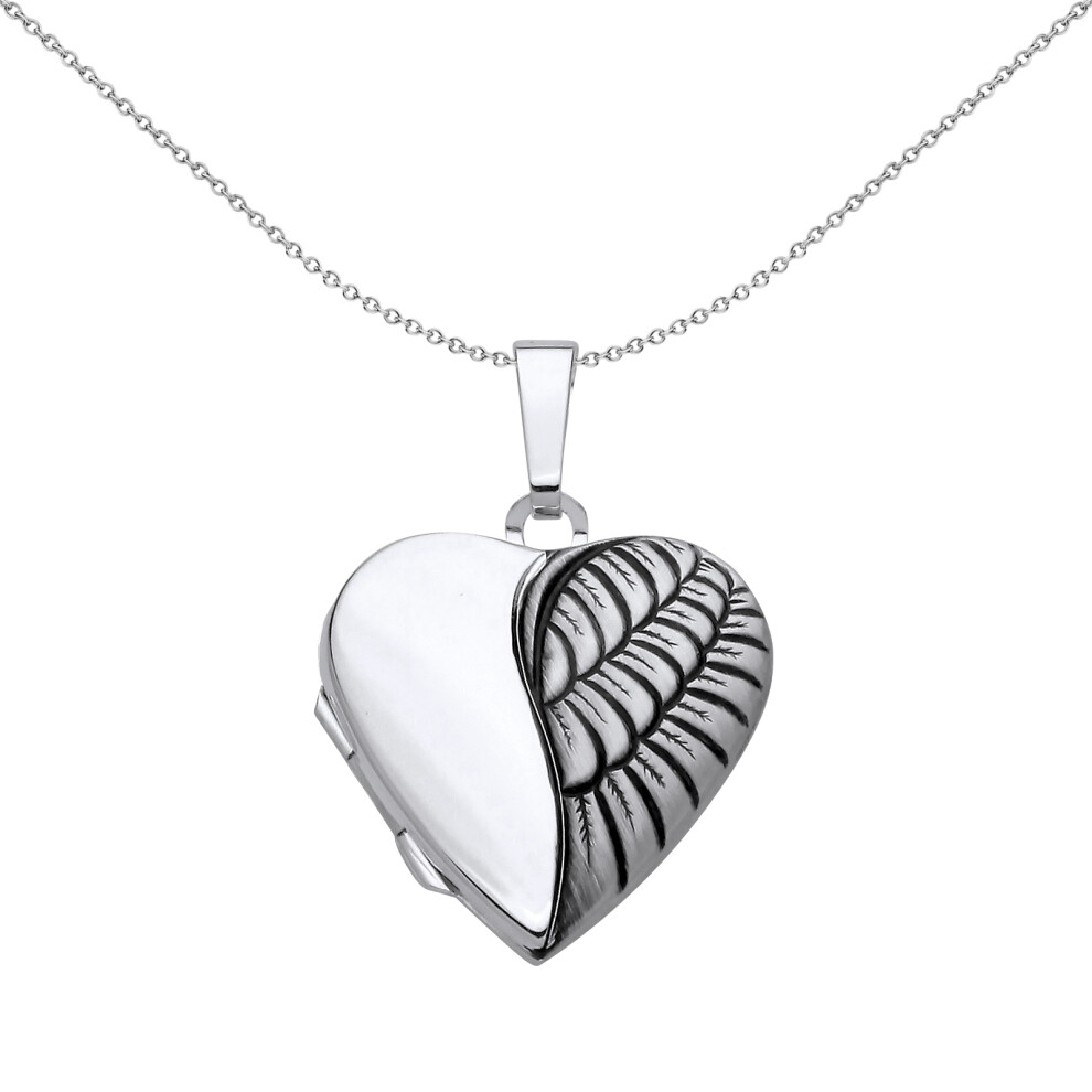 Jewelco London Ladies Rhodium Plated Sterling Silver Oxidised Angel Wing Love Heart Locket Pendant Necklace - LK73